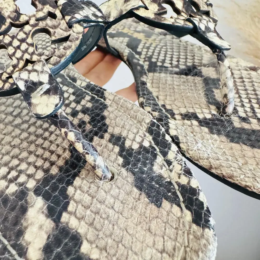 TORY BURCH Beige Black Roccia Snakeskin Leather Miller $258 Slides Sandals 7.5